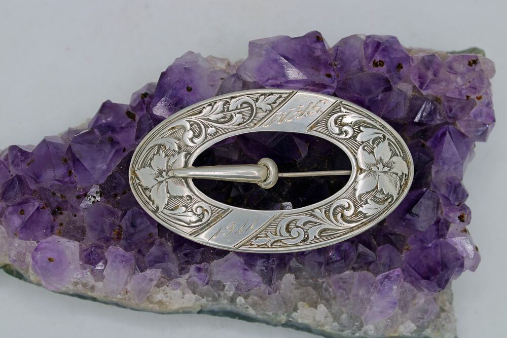 1911 Paye & Baker Sterling Silver Engraved Floral Sweetheart Buckle Brooch